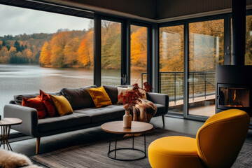 Cozy and colorful living room in a beautiful rustic cottage with big windows and views of the lake or river and forest, Scandinavian interior design