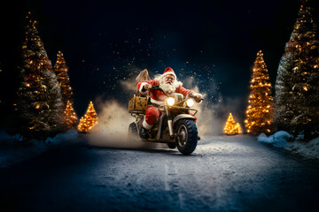 Santa Claus drives fast in motorcycle full of gifts on winter city road. delivery concept, sale