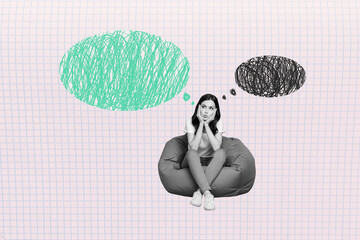 Wall Mural - Collage picture of minded black white colors girl sit beanbag outed lips think painted bubble isolated on checkered copybook page background