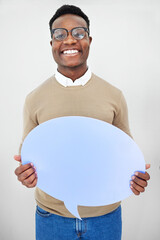 Sticker - Portrait, man and speech bubble with smile and mock up space in studio for opinion or voice on white background. Face, person and paper poster for social media news, vote or review with happiness