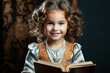 Enchanting little girl in vintage attire, feigning reading an old book against a unicolored backdrop.