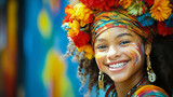 Fototapeta Tęcza - Inspiring young girl in traditional Latin attire displays strength in vibrantly colorful favela mural backdrop.