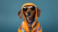 Dog In Suit. Pet Is Dressed Up In Humorous, Stylish Suit Complete With A Tie For Intellectual Look. Trendy Dog Clothing For Funny Humor. Dog With Glasses And Colorful Costume.