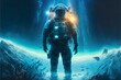 full body angle shot of an astronaut with a helmet and space suit standing on the surface of a water world with a blue oceancovered surface in a realistic art style with soft lighting bold colors 