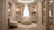 Luxury dressing room with stylish furniture in beige tones and soft led backlight. Luxury and fashionable interior of modern female dressing room. Dressing room with mirror and pouf. AI generated