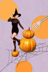 Poster - Vertical collage image of mini excited conjurer girl dancing pumpkin spider web big skeleton arm isolated on purple color background