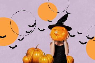 Poster - Creative collage portrait of enchant girl hands hold carved pumpkin cover face flying bats isolated on violet color background