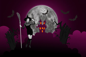 Wall Mural - Creative trend collage of young sexy attractive female witch costume broom castle background forest full moon mystery atmosphere halloween