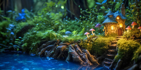 Wall Mural - a small fairy tale house in dark fantasy forest, illuminated miniature woodland cottage made by gnom
