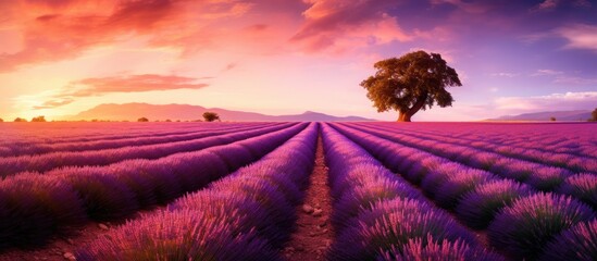 Wall Mural - Provence s Valensole France boasts a picturesque summer evening with lavender fields With copyspace for text