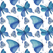 Cute Blue Butterflies Hand Drawn Watercolor Seamless Raster Texture Animalistic Design. Colorful, Bright Illustration On White Background.