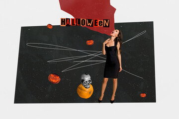 Poster - 3d retro abstract creative artwork template collage of gorgeous sexy hen female vampire witch black dress costumes blood human head skull