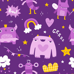 Wall Mural - cute girly pattern with funny monsters. seamless purple vector print with abstract monster girls for