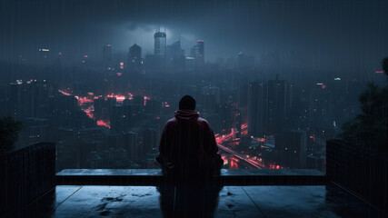 Man sitting in a chair and looking at the night city panorama