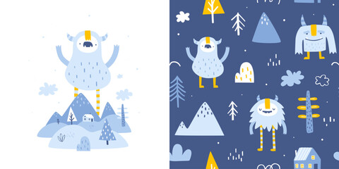 Wall Mural - nordic pattern set with cute yeti. seamless scandinavian collection vector print with naive doodle y
