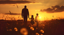 Happy Family In Silhouette Enjoying A Meadow Walk At Sunset - A Father Carrying Two Children At Sunset Time In Garden - Generative Ai