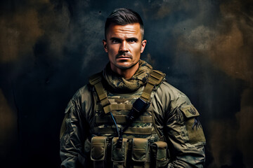 Wall Mural - Modern special forces soldier in camouflage uniform looking sideways. studio photo against a dark textured wall. Generative AI