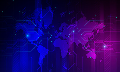 Wall Mural - abstract background image, network circuit board concept and world map