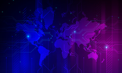 Wall Mural - abstract background image, network circuit board concept and world map