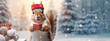 © PEPPERPOT - Cute Red Squirrel with Santa Claus Hat in Winter Christmas Forest with Falling Snow. Xmas Red Gift Box with Ribbon. 2023