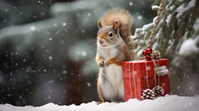 Cute Red Squirrel With Santa Claus Hat In Winter Christmas Forest With Falling Snow. Xmas Red Gift Box With Ribbon. 2023