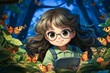 Engaging illustration of a chibi-style girl observing a friendly butterfly amidst cartoonish flora and fauna.