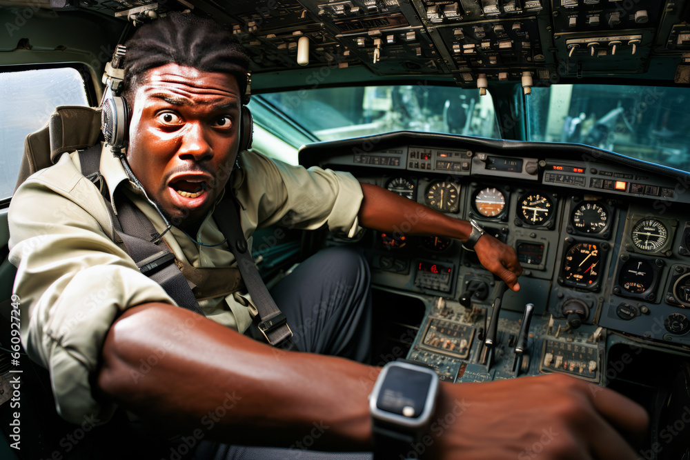Tense airline pilot slamming flight manual onto cockpit dashboard in ...