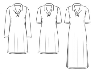 Sticker - Vector shirt dress set technical drawing, short summer dress with side slit fashion CAD, women long sleeve dress with V-neck sketch, template. Jersey or woven fabric dress with front, back view, white