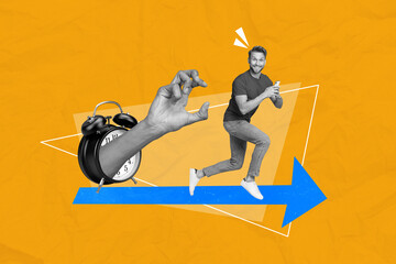 Creative composite photo collage of cunning tricky man run from arm with smartphone procrastinating isolated on painted background