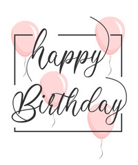 Poster - happy birthday card with balloons. Happy birthday handwritten text lettering on white background.	
