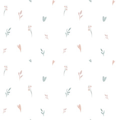 Wall Mural - Seamless watercolor floral pattern pink blush flowers elements, green leaves branches on white backgroundfor wrappers, wallpapers, greeting cards, wedding invites