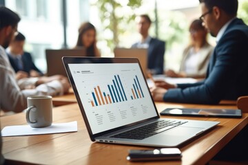 Laptop with financial chart on screen on desk. business meeting on background. Generative AI