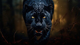 Black Panther in animal forest, black jaguar hunting, Panther hunting, jaguar panther wilderness nature close.