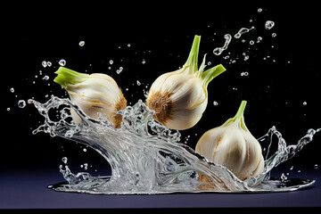 Wall Mural - Water splash with garlic on black background.