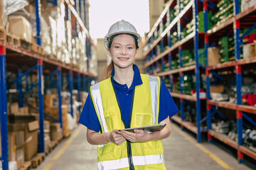 portrait warehouse woman worker. inventory clerk staff stock employee work in cargo shipping storage manager.