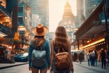 Fototapeta Uliczki - Woman backpacker travel in city. Generative AI