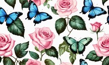Blue Butterflies, Ivy Pink Rose Flowers, Tropical Green Leaves. Seamless Pattern, Dark Background, Texture. 3d Illustration, Watercolor Painting. Luxury Wallpaper, Premium Design, Generative AI
