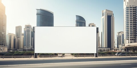 Wall Mural - Mock up of blank vertical white advertising billboard with residential and office modern contemporary skyscrapers and empty highway behind : Generative AI