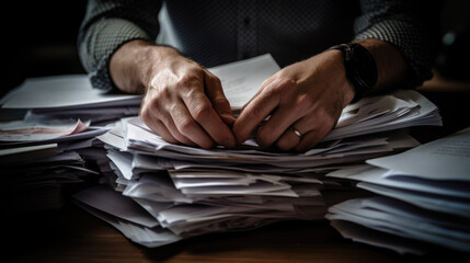 Sticker - Businessman hands working in Stacks of paper files for searching information on work desk in office, business report papers.