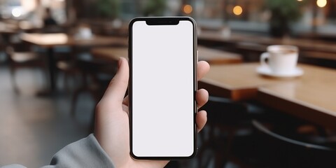 Aufkleber - Close-up image of a woman in jeans relaxes sitting in the cafe and using her smartphone. smartphone white screen mockup for display your graphic banner. : Generative AI
