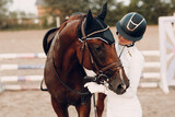 Fototapeta  - Dressage horse and jockey rider in uniform portrait during equestrian jumping competition show