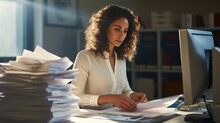 Businesswoman Hands Working In Stacks Of Paper Files For Searching Information On Work Desk In Office, Business Report Papers.