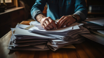 Sticker - Businessman hands working in Stacks of paper files for searching information on work desk in office, business report papers.