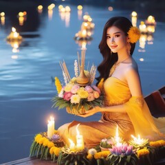 A beautiful woman wearing a yellow Thai dress floats a krathong next to the river on a full moon night.