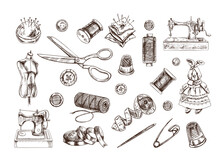 Vintage Set Of Hand Drawn Sewing Icons. Vector Illustrations In Sketch Style. Handmade, Sewing Equipment Concept In Vintage Doodle Style. Engraving Style.