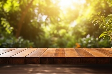 Wall Mural - Outdoor Serenity: Empty Brown Wooden Table in Sunlight with Blurry Garden Background