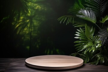 Wall Mural - Tropical Elegance: Empty Round Wooden Table with Tropical Leaves on Dark Background
