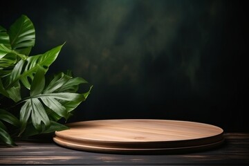 Wall Mural - Tropical Elegance: Empty Round Wooden Table with Tropical Leaves on Dark Background