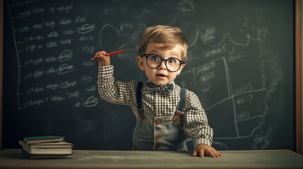 Sticker - Little boy in school stands in front of the blackboard and solves the problem an equation.Created with Generative AI technology.