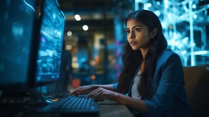 Indian Businesswoman working on laptop computer in technology research data room